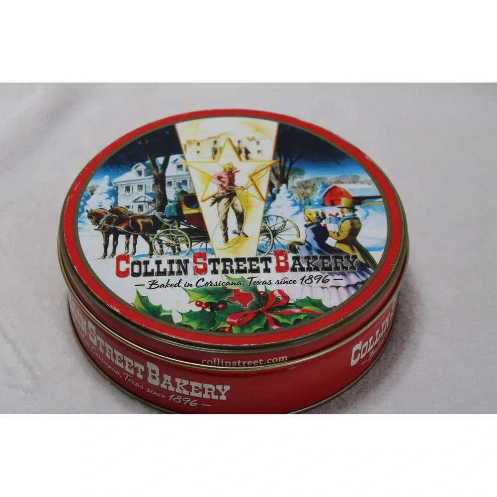 Collin Street Bakery Texas Fruitcake Tin Vintage Red Christmas Cowboy Decor